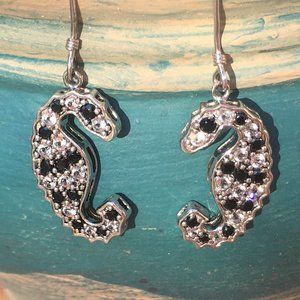 Genuine Gemstone Seahorse Earrings .925 Silver Black Spinel & White Topaz